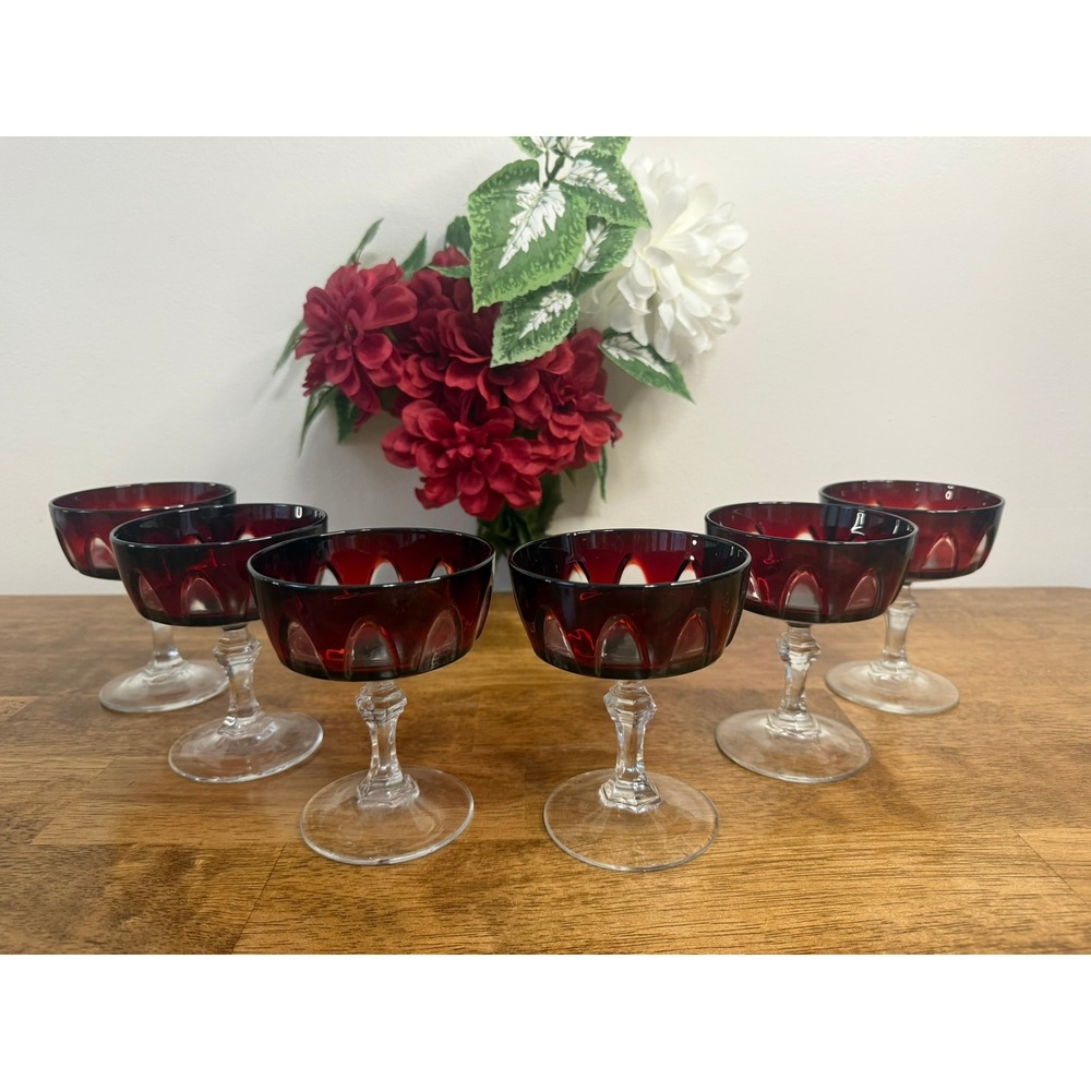 Vintage Cristal d'Arques Durand Gothic Ruby Champagne Coupe Glasses Set Bar Cart